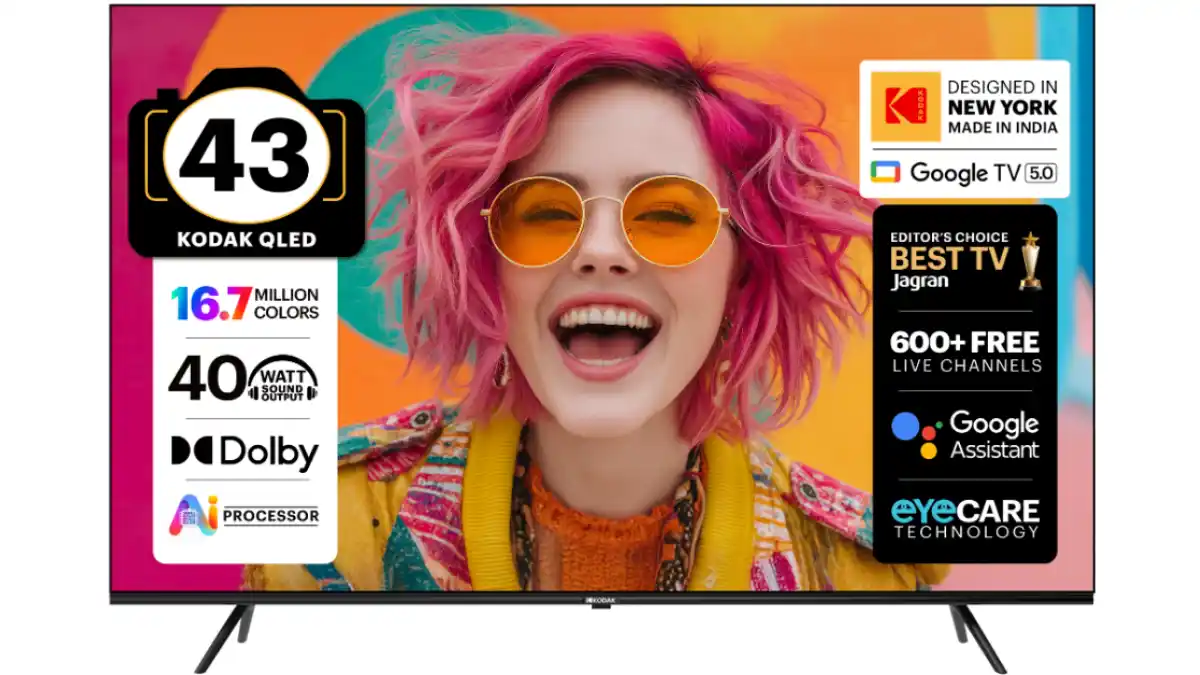 Kodak Matrix QLED Google TV displaying vibrant visuals with smart entertainment features