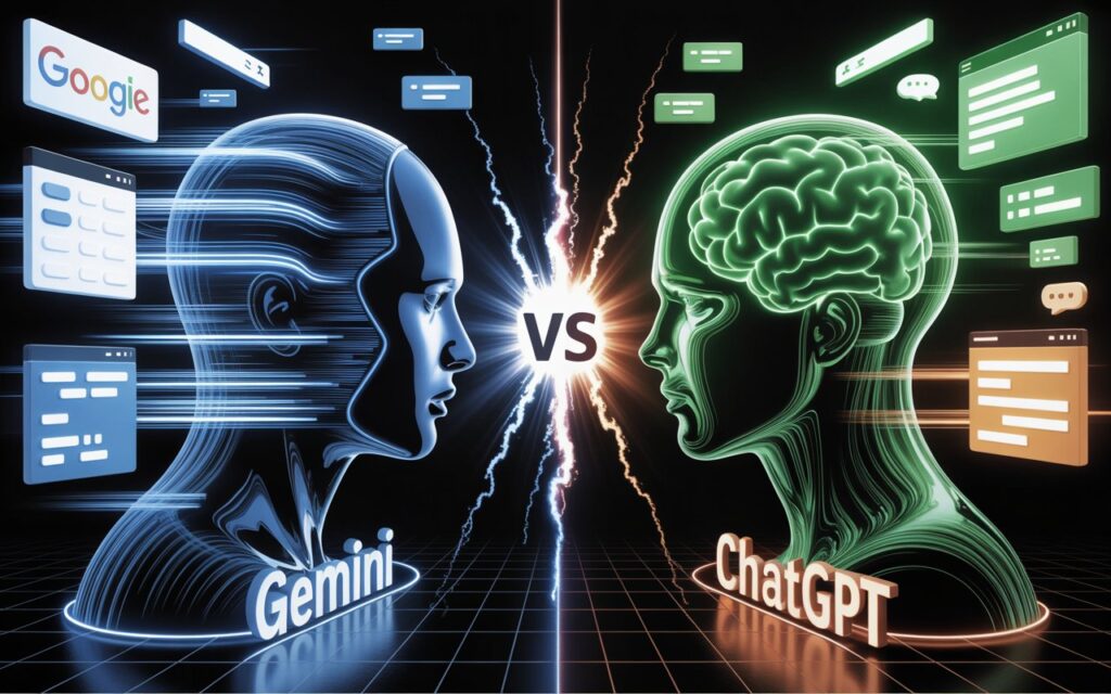 Google Gemini vs ChatGPT comparison image showing both AI logos on a futuristic background representing artificial intelligence, chatbot technology, and digital innovation.