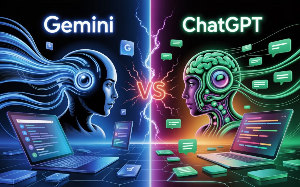 *Created with [AIPRM Prompt "Blog Post Title Generator"](https://www.aiprm.com/prompts/copywriting/summarize/1000110/)*

**Alt Text:**
Google Gemini vs ChatGPT comparison image showing both AI logos on a futuristic background representing artificial intelligence, chatbot technology, and digital innovation.