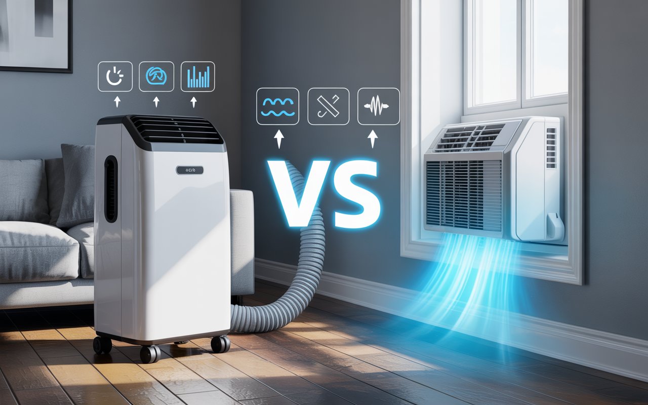 Portable AC and window AC comparison image showing cooling performance, portability, and electricity consumption differences.