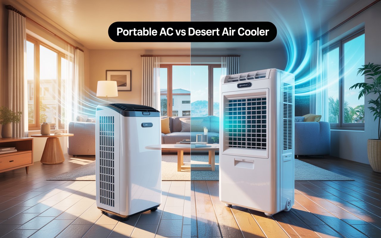 Portable AC and desert air cooler comparison inside a modern Indian living room during summer.