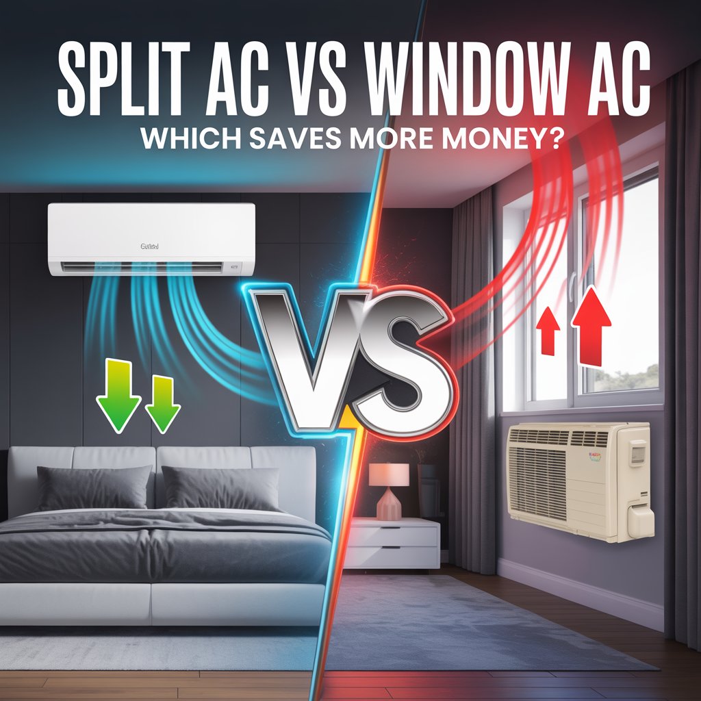 Split AC and window AC comparison showing cooling performance, electricity savings, and room suitability.