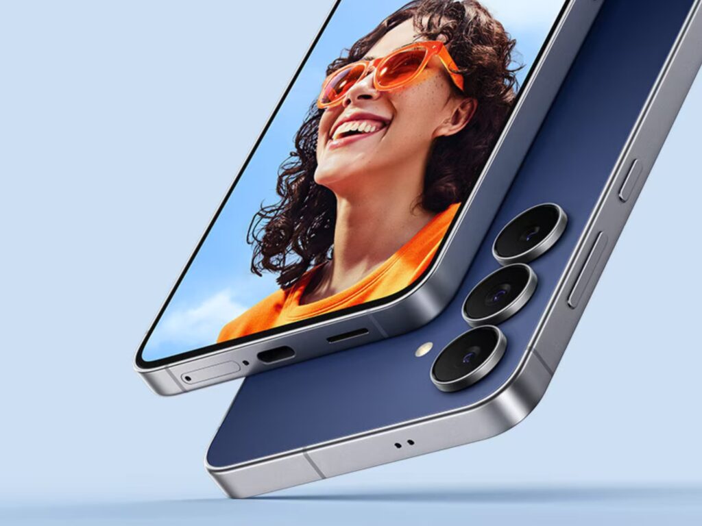 Samsung Galaxy S26 FE smartphone with AMOLED display and triple rear camera design
