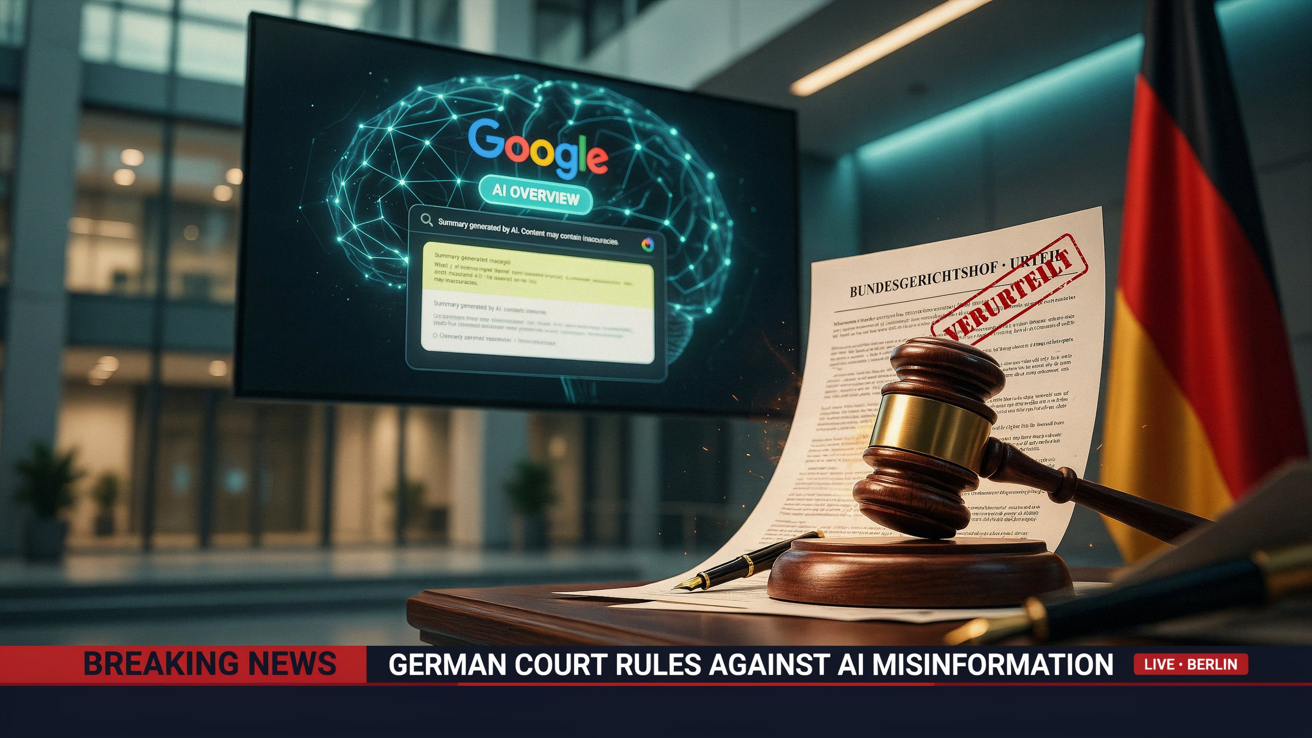 Google AI Overview displayed on a search screen alongside a judge's gavel and German court symbols, representing a legal challenge over AI-generated content accuracy.