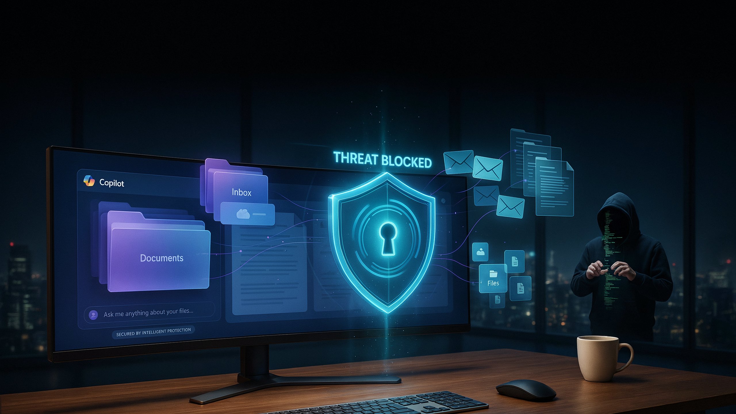 Illustration of an AI assistant protecting Microsoft 365 data from a cybersecurity threat involving the SearchLeak vulnerability