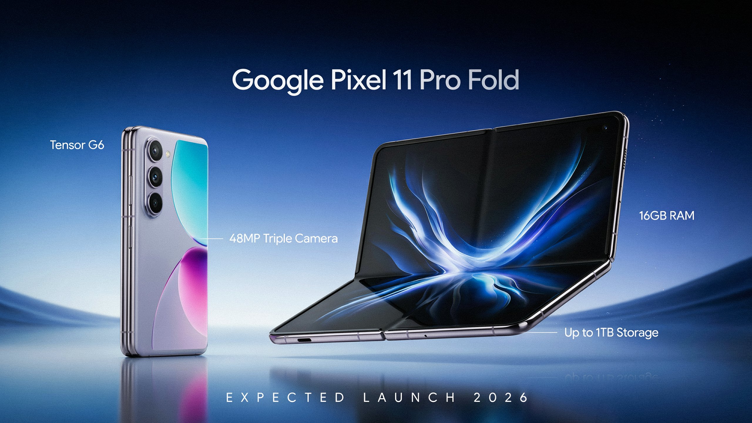 Google Pixel 11 Pro Fold shown in folded and unfolded positions, highlighting its large inner display, triple rear cameras, and premium foldable design.