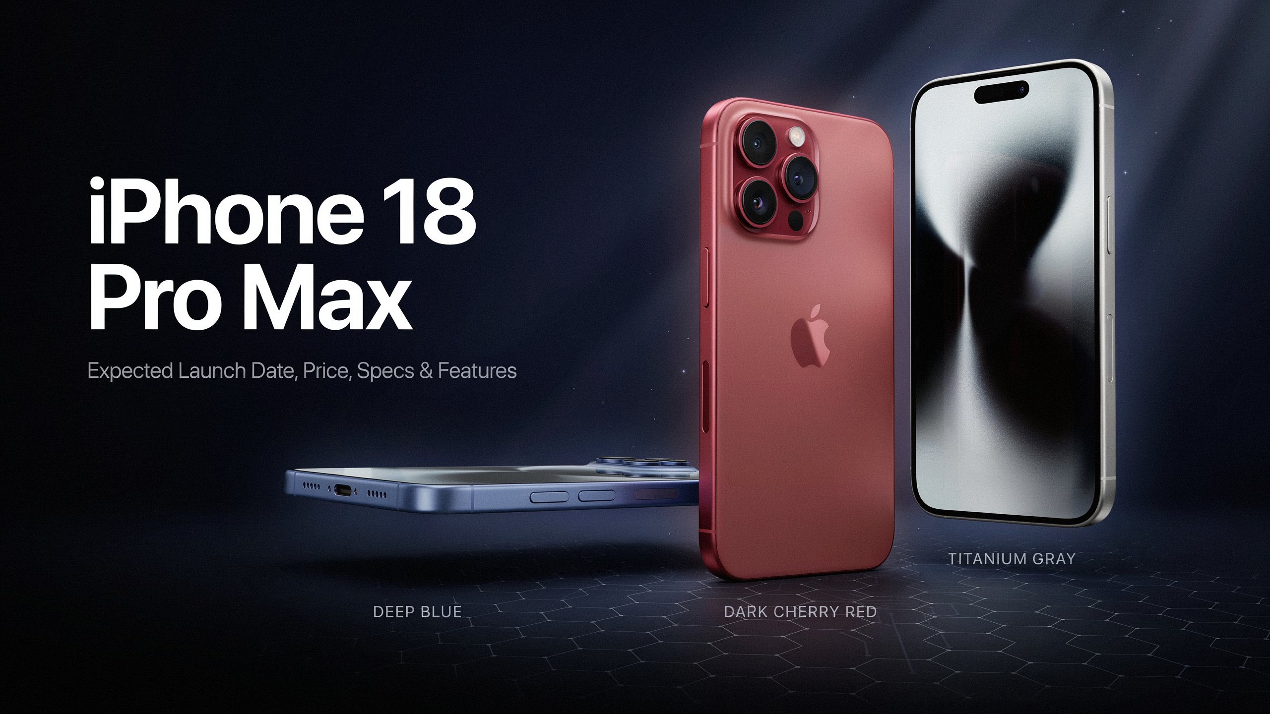 Apple iPhone 18 Pro Max render showing rumored design, premium colors, and advanced triple-camera system.