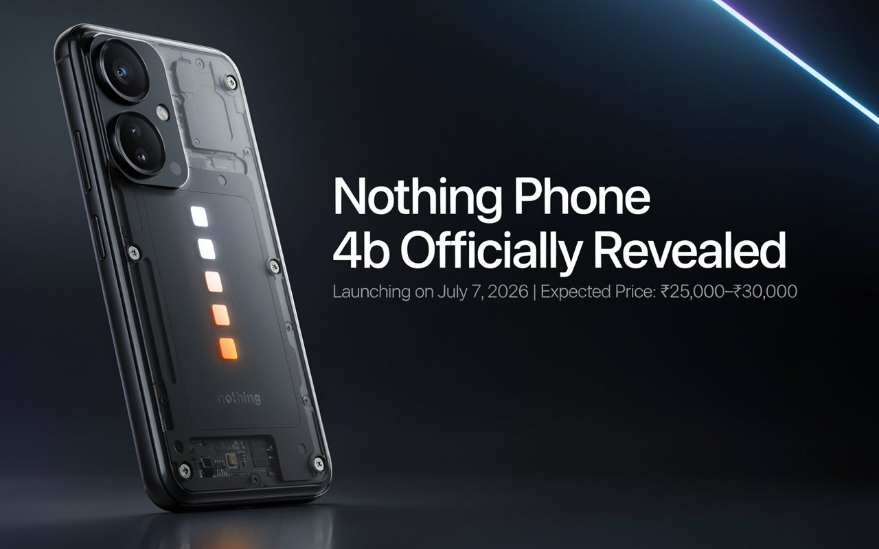 Nothing Phone 4b official teaser showcasing the redesigned vertical camera module and Glyph lighting ahead of its July 7, 2026 launch.