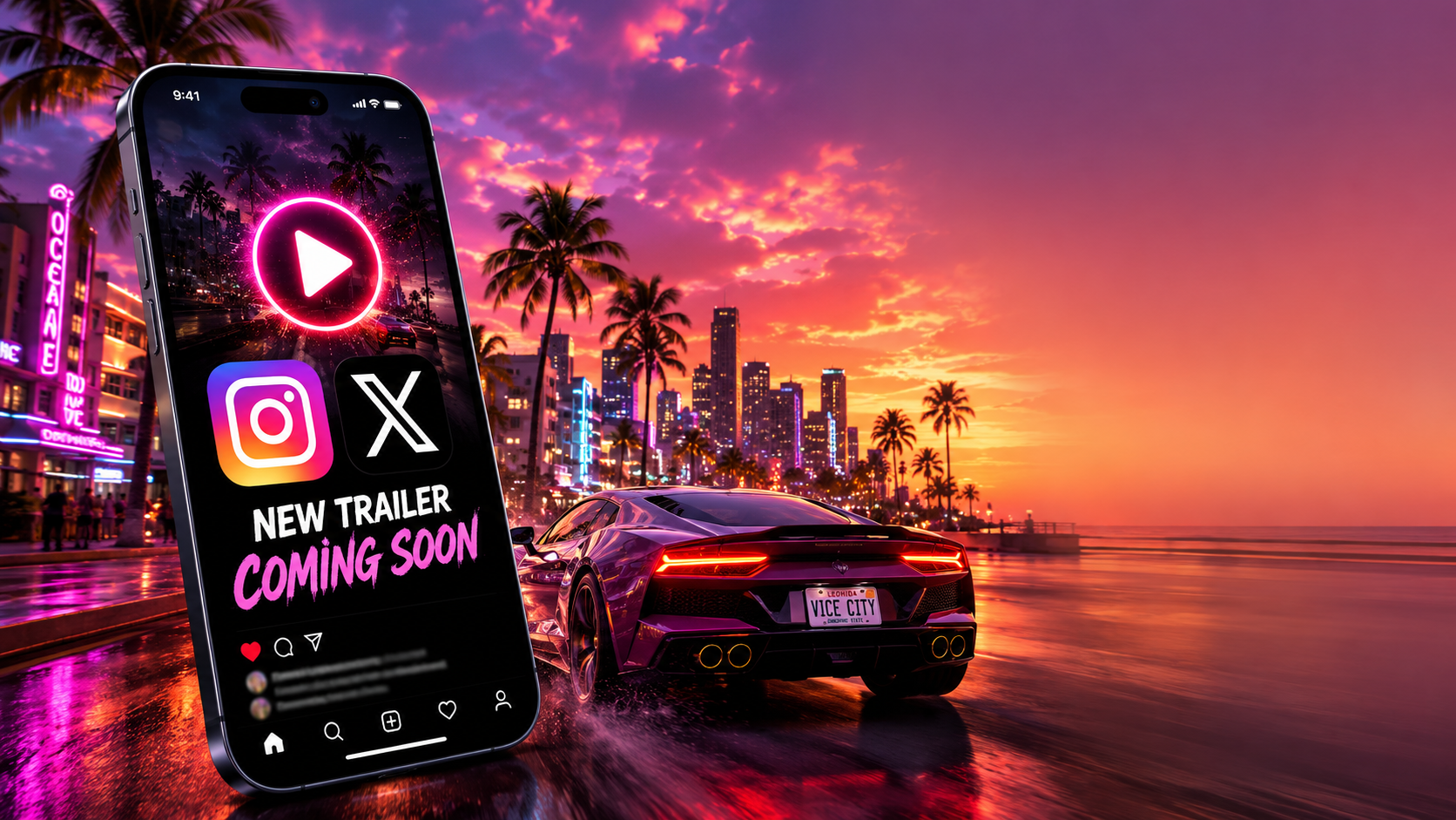 Concept image of a GTA 6 trailer reveal teased on social media.