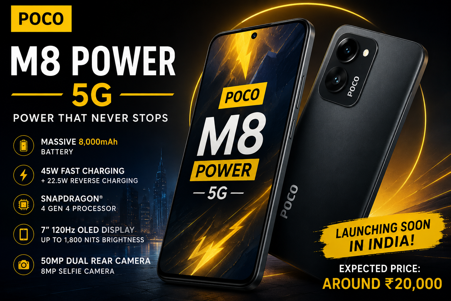 Poco M8 Power 5G smartphone showcasing its large battery and expected premium design.