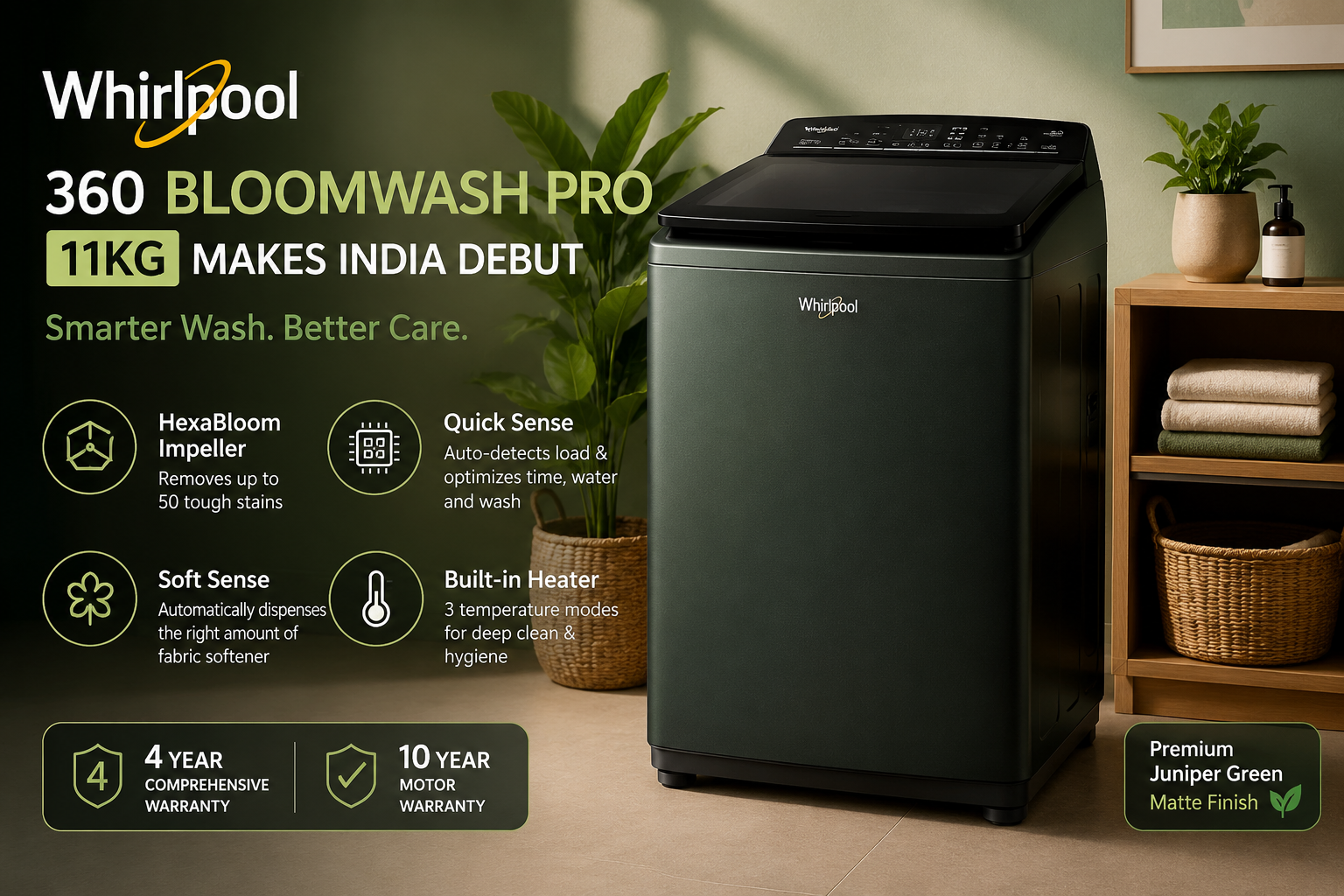Whirlpool 360 Bloomwash Pro 11kg top-load washing machine in Juniper Green with HexaBloom Impeller, built-in heater and smart wash features.