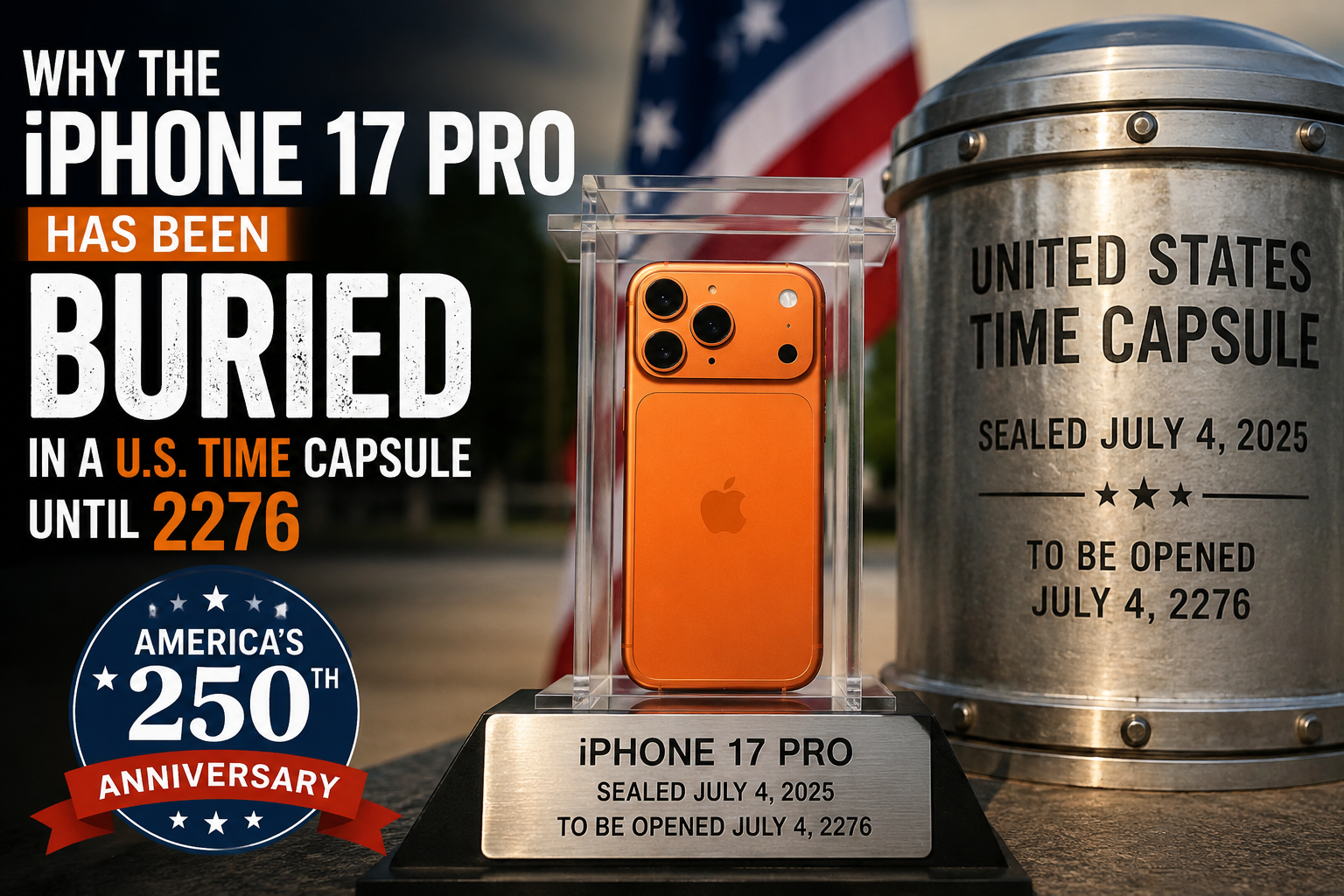 Apple iPhone 17 Pro displayed beside a United States time capsule sealed for America's 250th anniversary and scheduled to be opened in 2276.