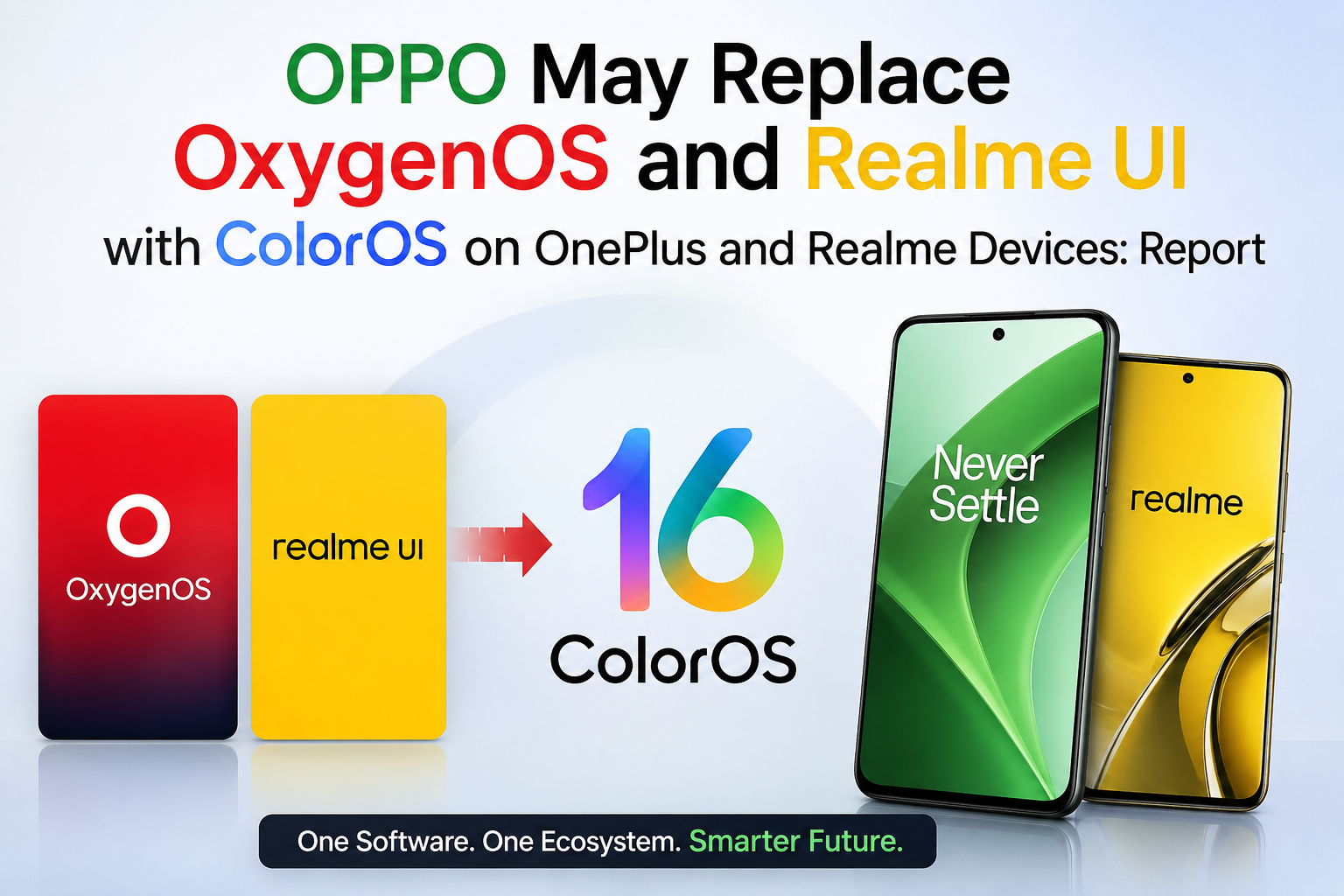 OPPO, OnePlus and Realme smartphones with ColorOS branding, highlighting the reported replacement of OxygenOS and Realme UI.