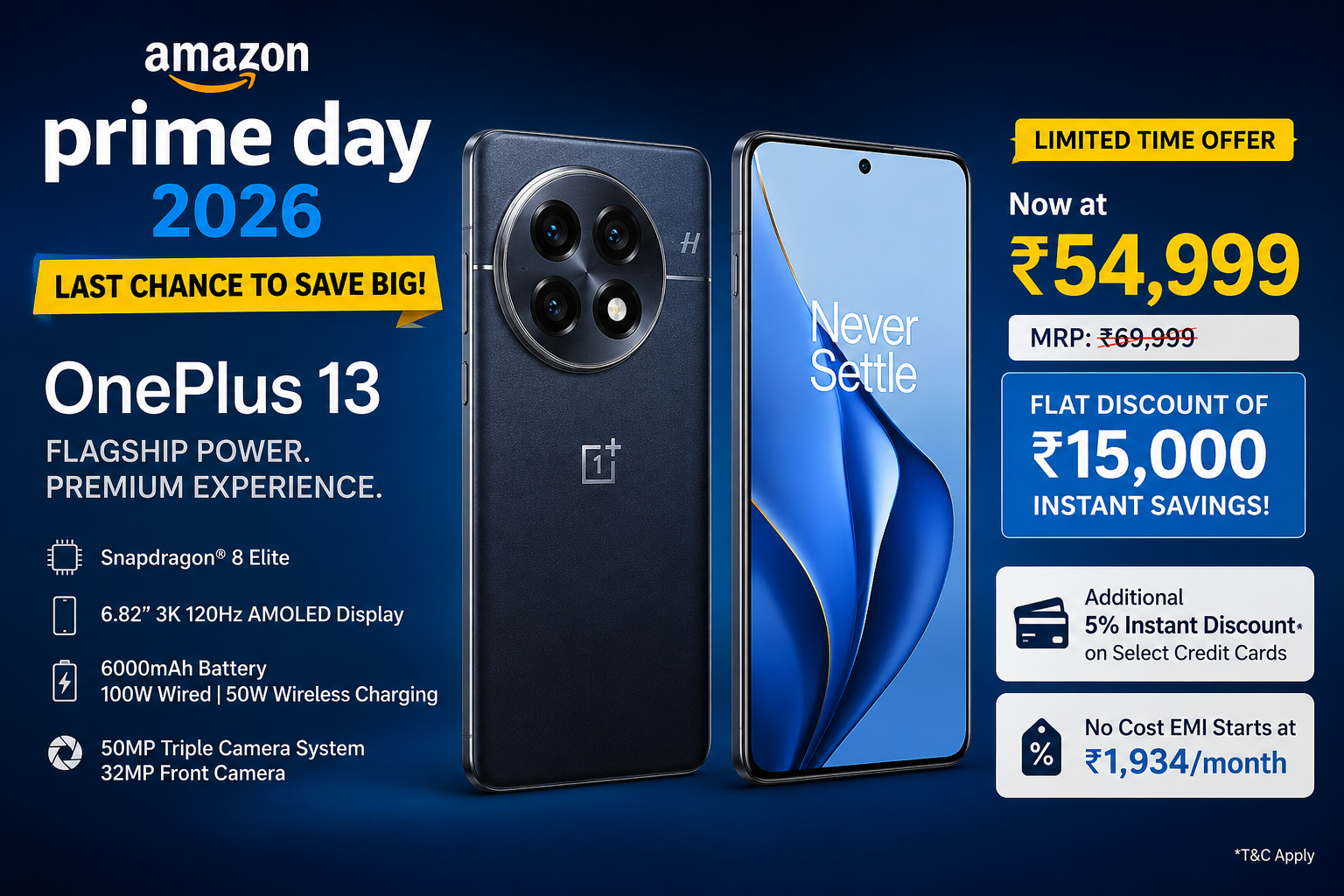 OnePlus 13 smartphone with Amazon Prime Day 2026 discount offer and price drop.