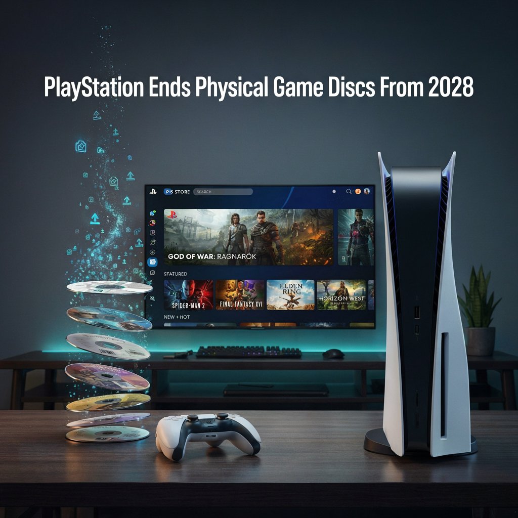 PlayStation 5 console with physical game discs transitioning to digital downloads, representing Sony's move to digital-only game releases from 2028.