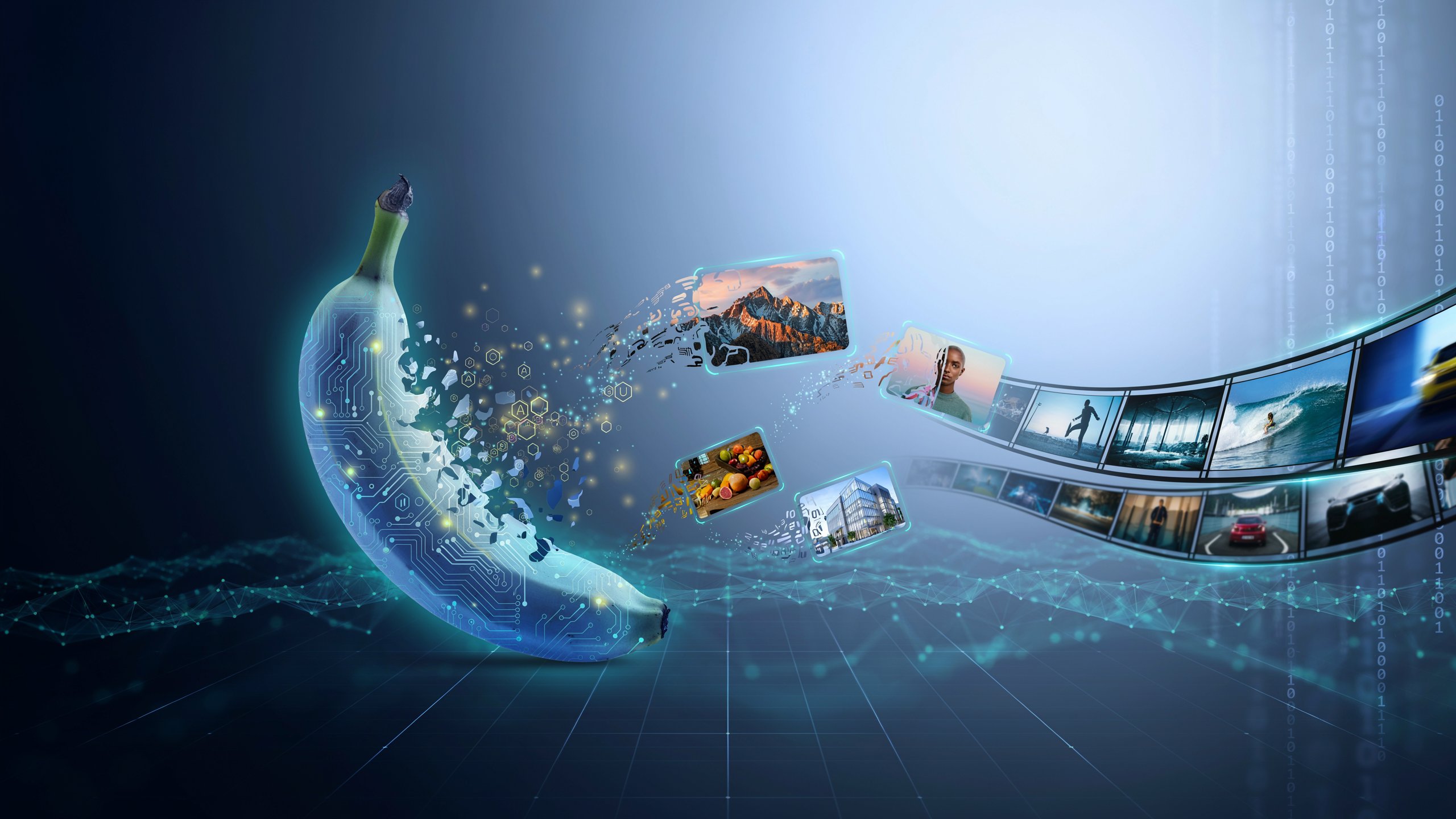 Futuristic AI-themed artwork featuring a digital banana representing Google Nano Banana 2 Lite with AI-generated images transforming into videos.