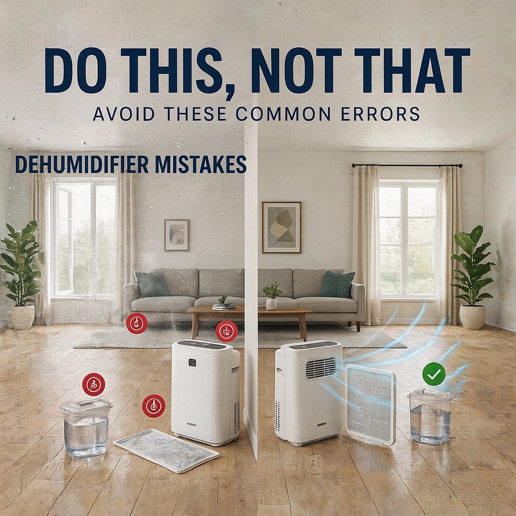 Modern dehumidifier in a living room showing the right and wrong ways to use it for better moisture control and energy efficiency.