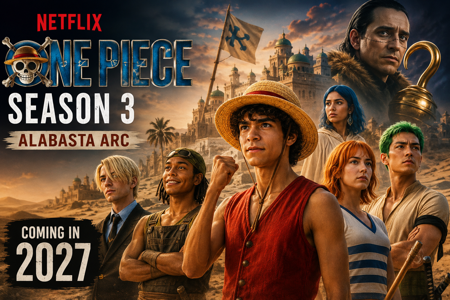 Netflix One Piece Season 3 featured image showing the Straw Hat Pirates in the Alabasta desert with Sir Crocodile, highlighting the confirmed 2027 release.