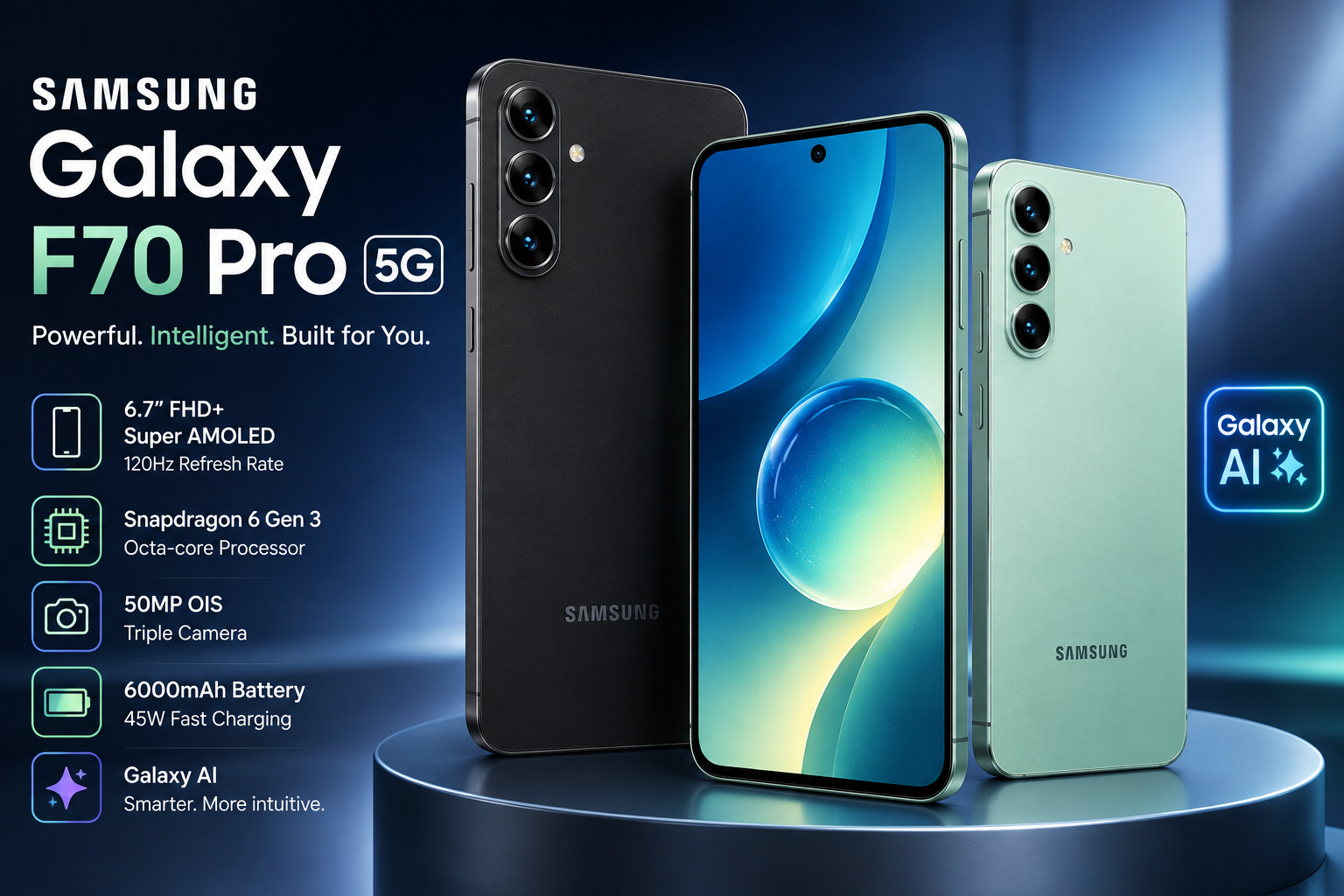 Samsung Galaxy F70 Pro 5G in Alpha Black and Aura Green.